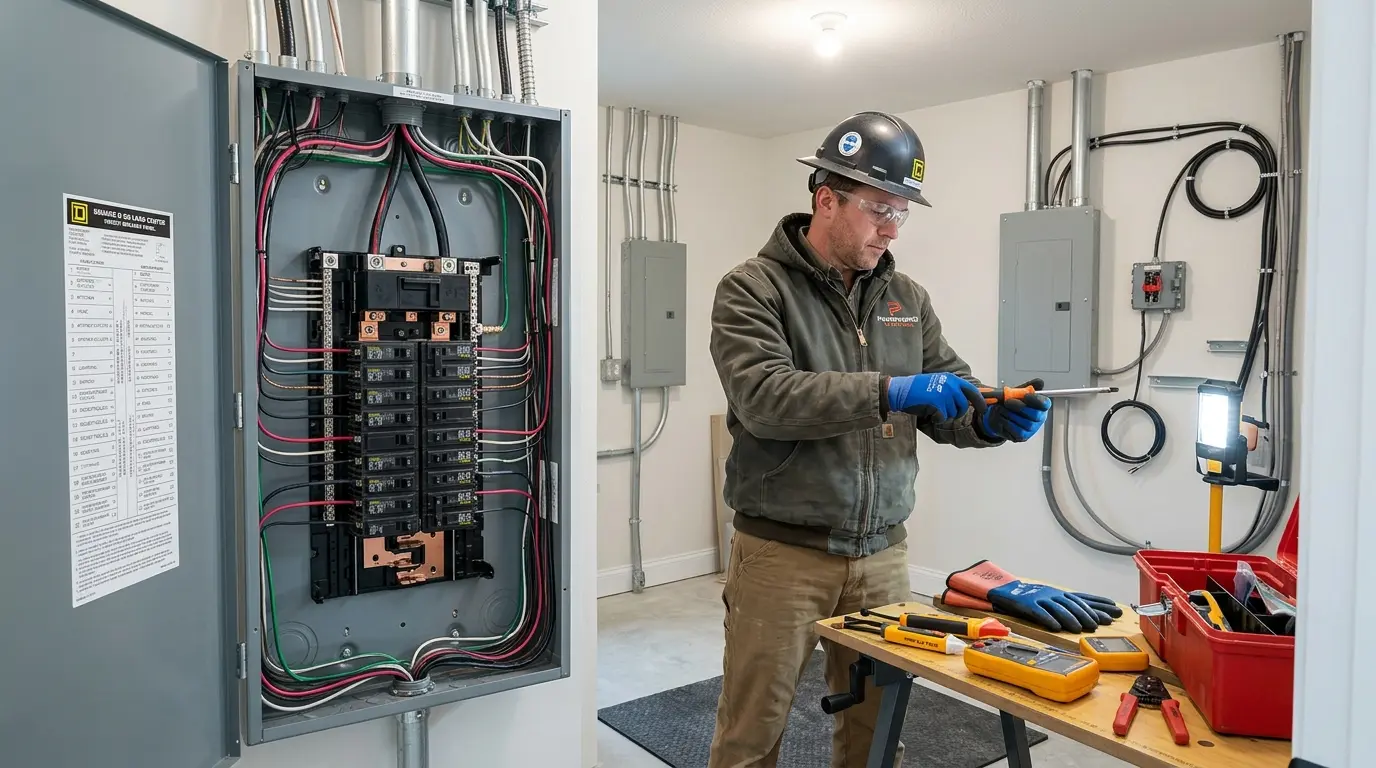 Técnico elétrico instalando quadro de disjuntores moderno em Coqueiros, Florianópolis