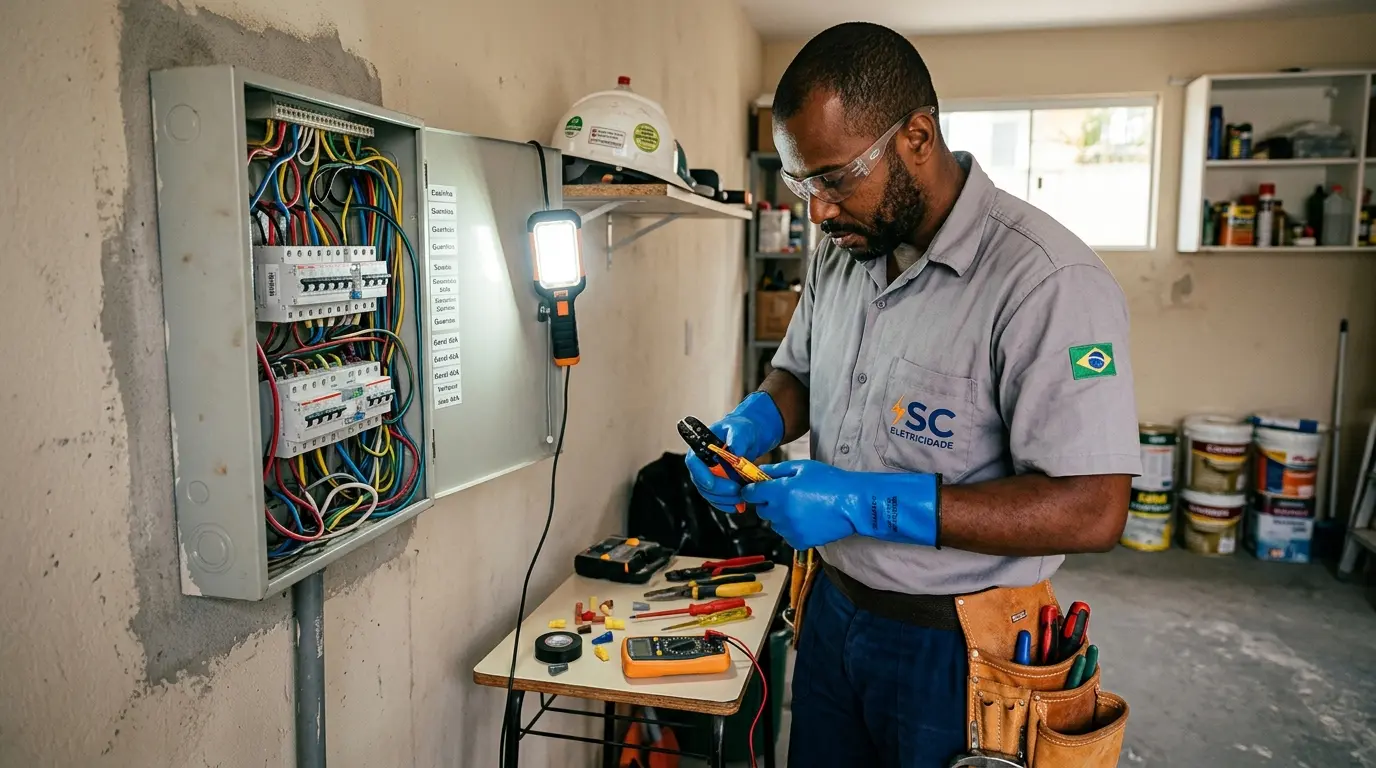 Eletricista profissional trabalhando em painel elétrico residencial em Coqueiros, Florianópolis