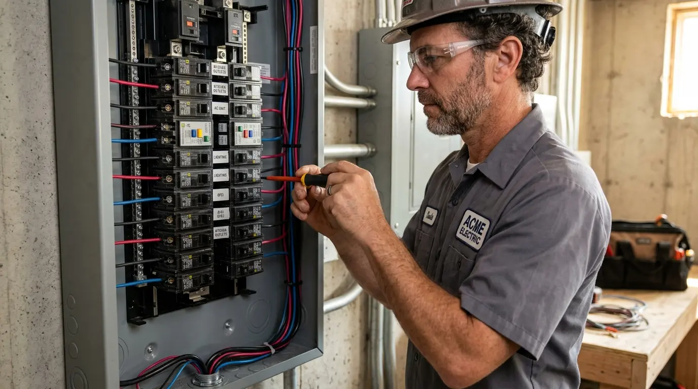 Técnico elétrico instalando quadro de disjuntores com dispositivos de segurança na Agronômica