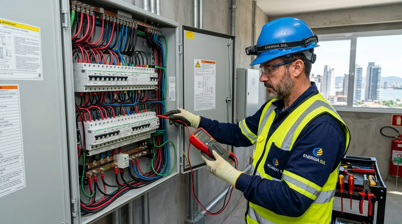 Eletricista técnico inspecionando painel elétrico em prédio comercial na Agronômica, Florianópolis