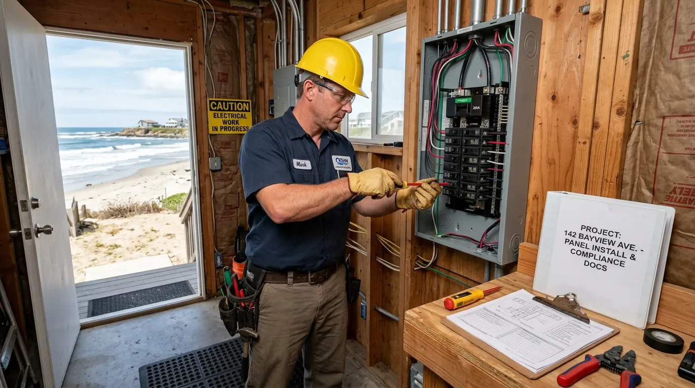Eletricista qualificado instalando painel elétrico com equipamentos de segurança na Lagoa da Conceição