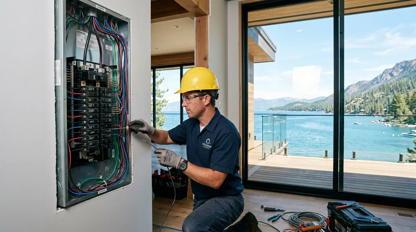 Eletricista na Lagoa da Conceição realizando instalação de painel elétrico em imóvel residencial à beira da lagoa