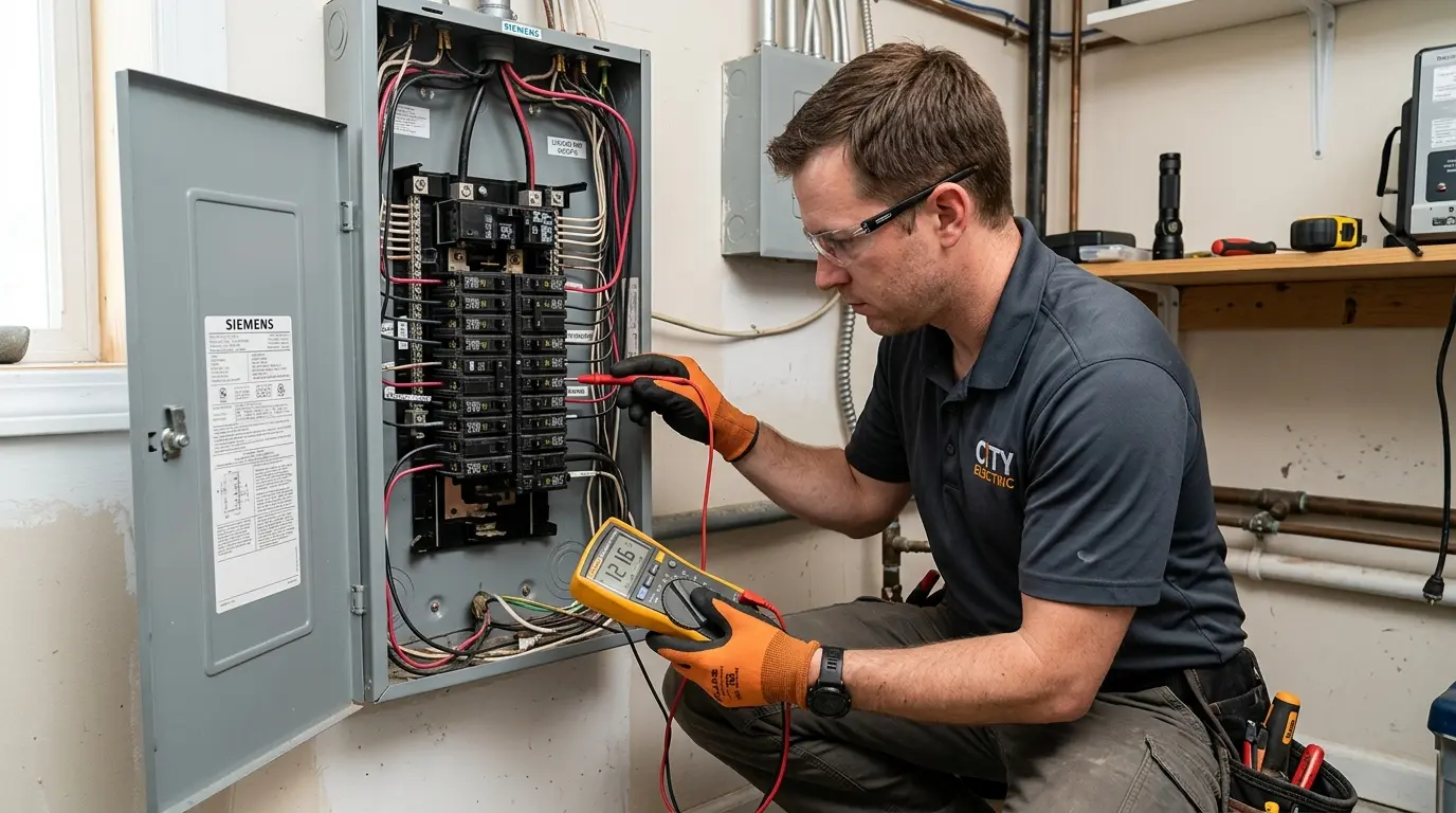 Técnico elétrico instalando quadro de disjuntores em residência no Estreito, Florianópolis
