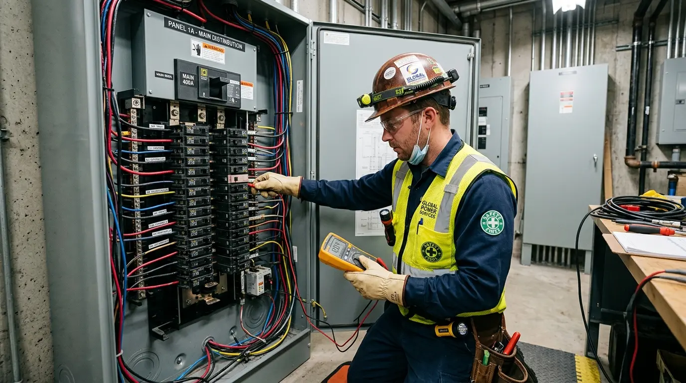 Técnico elétrico inspecionando painel de disjuntores com equipamentos de segurança em Itacorubi