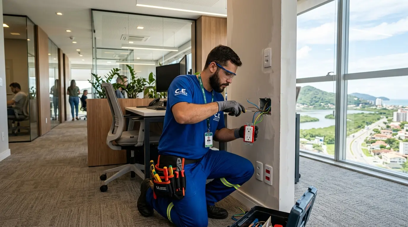 Eletricista técnico instalando tomada em escritório moderno no Itacorubi, Florianópolis