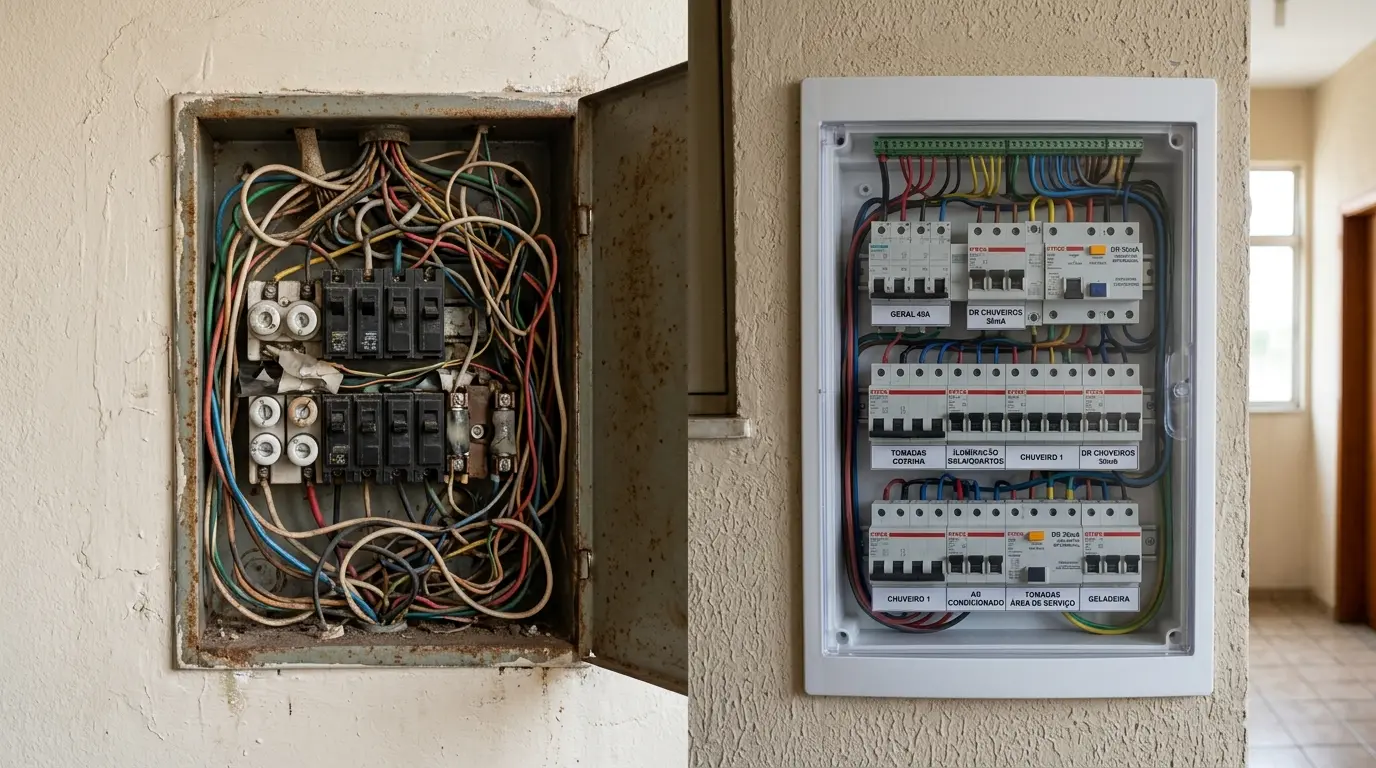 Comparação de quadro elétrico antigo sem identificação ao lado de quadro modernizado e organizado em apartamento em Florianópolis