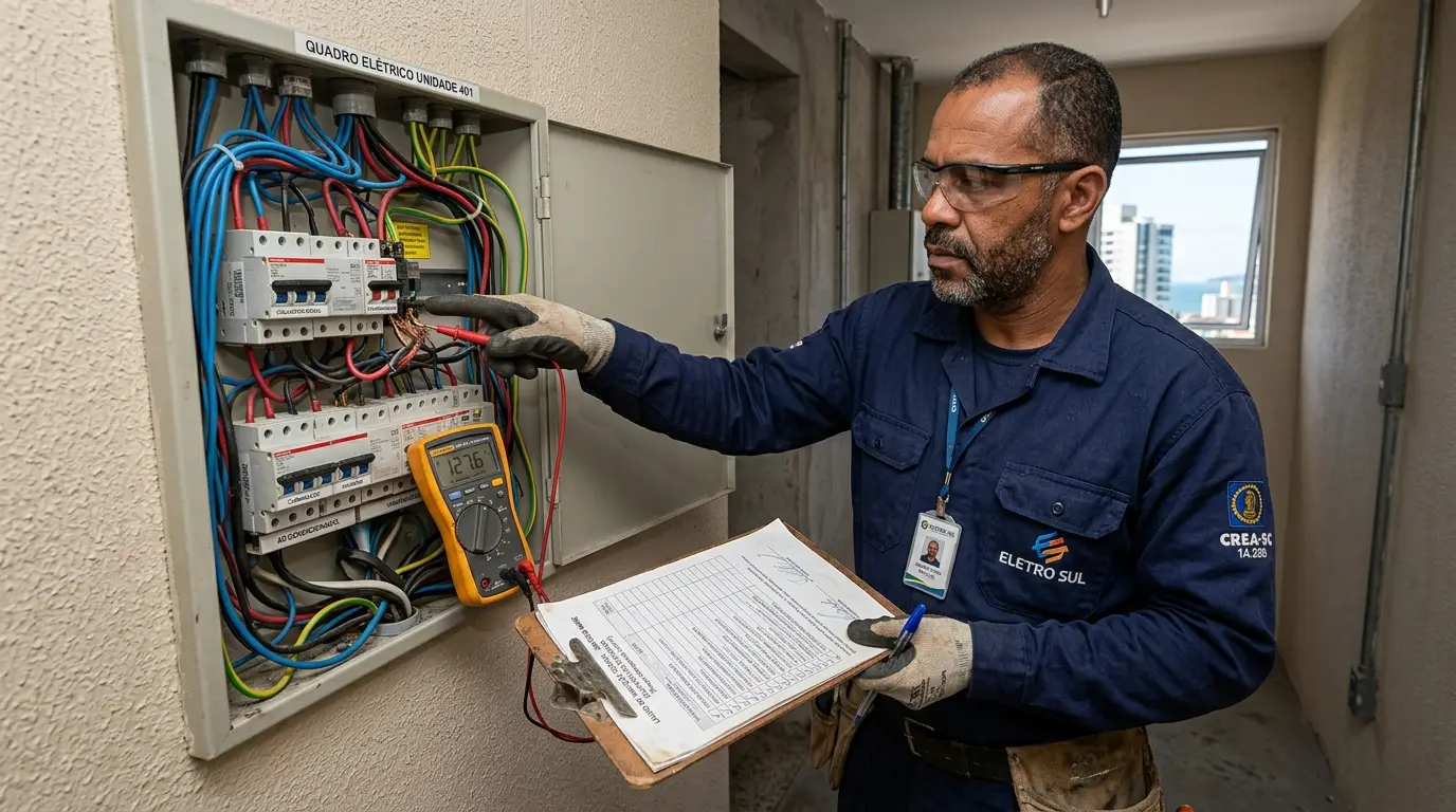 Eletricista inspecionando instalação elétrica de apartamento em Florianópolis identificando não-conformidades com multímetro