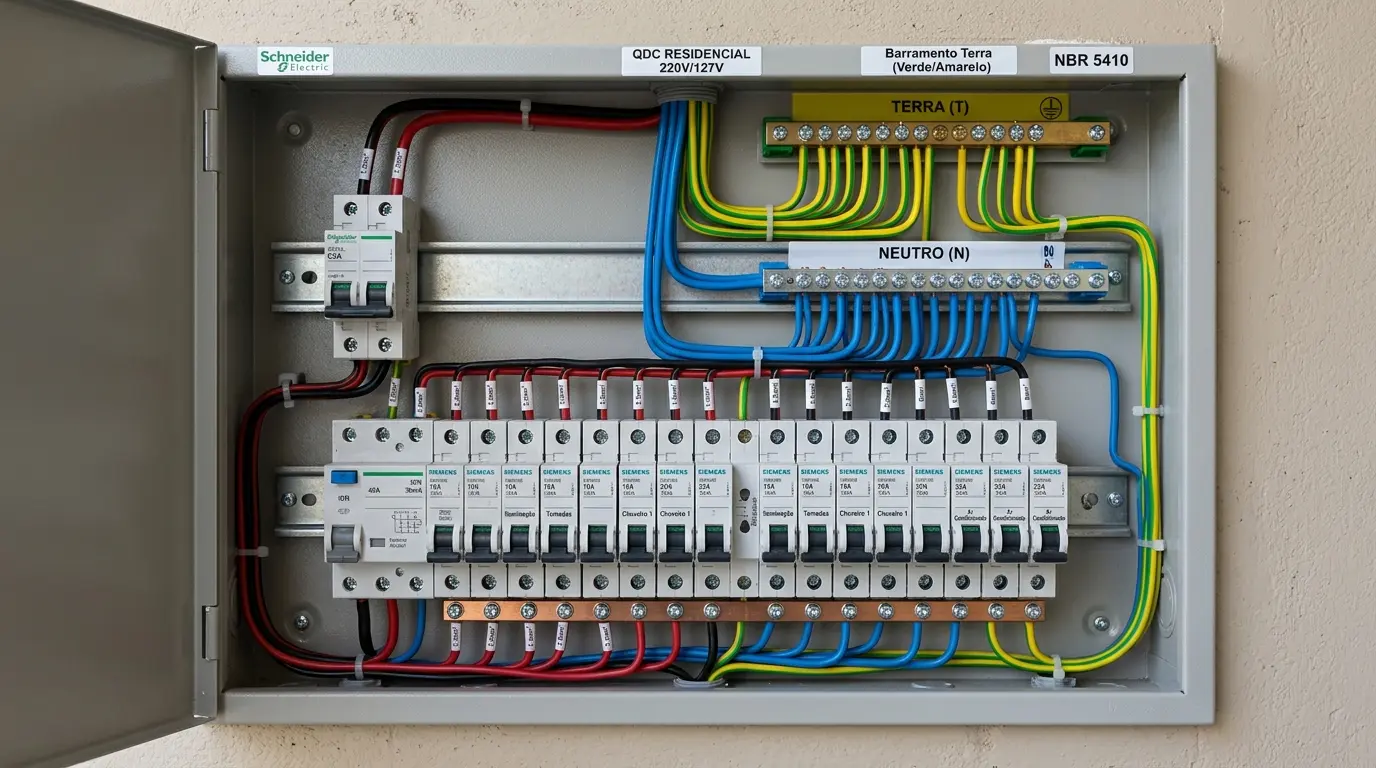 Quadro de distribuição residencial em Florianópolis com barramento de terra separado do neutro, fios verdes e amarelos organizados conforme NBR 5410