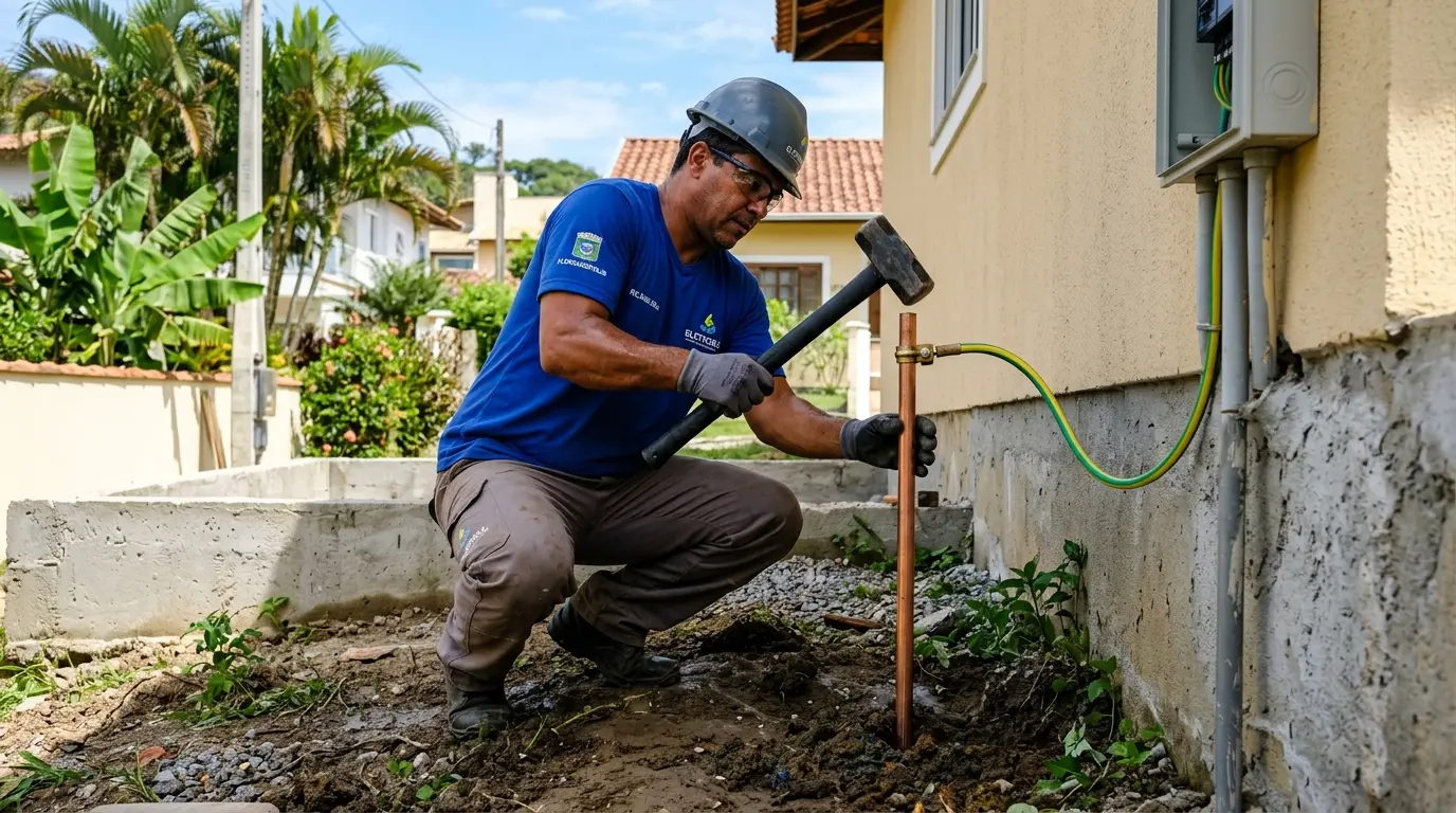 Eletricista instalando haste de aterramento e fio terra em quadro elétrico residencial em Florianópolis conforme NBR 5410