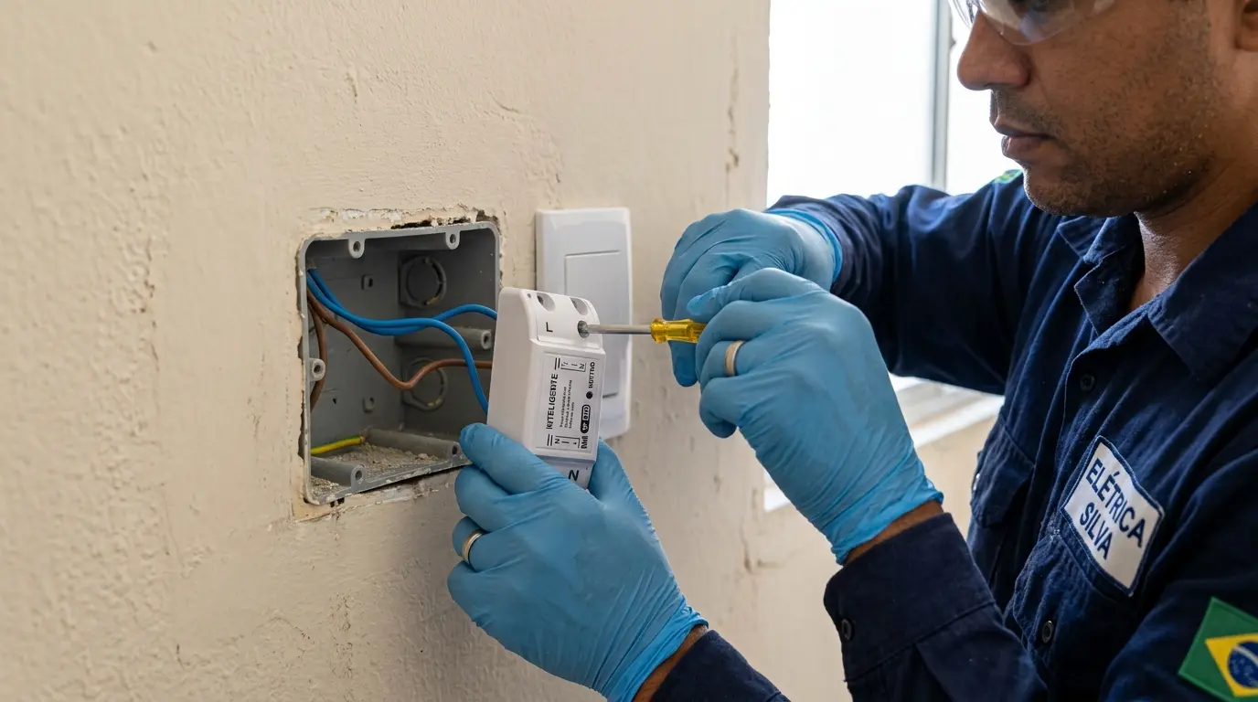 Eletricista instalando interruptor inteligente em caixa embutida de apartamento em Florianópolis
