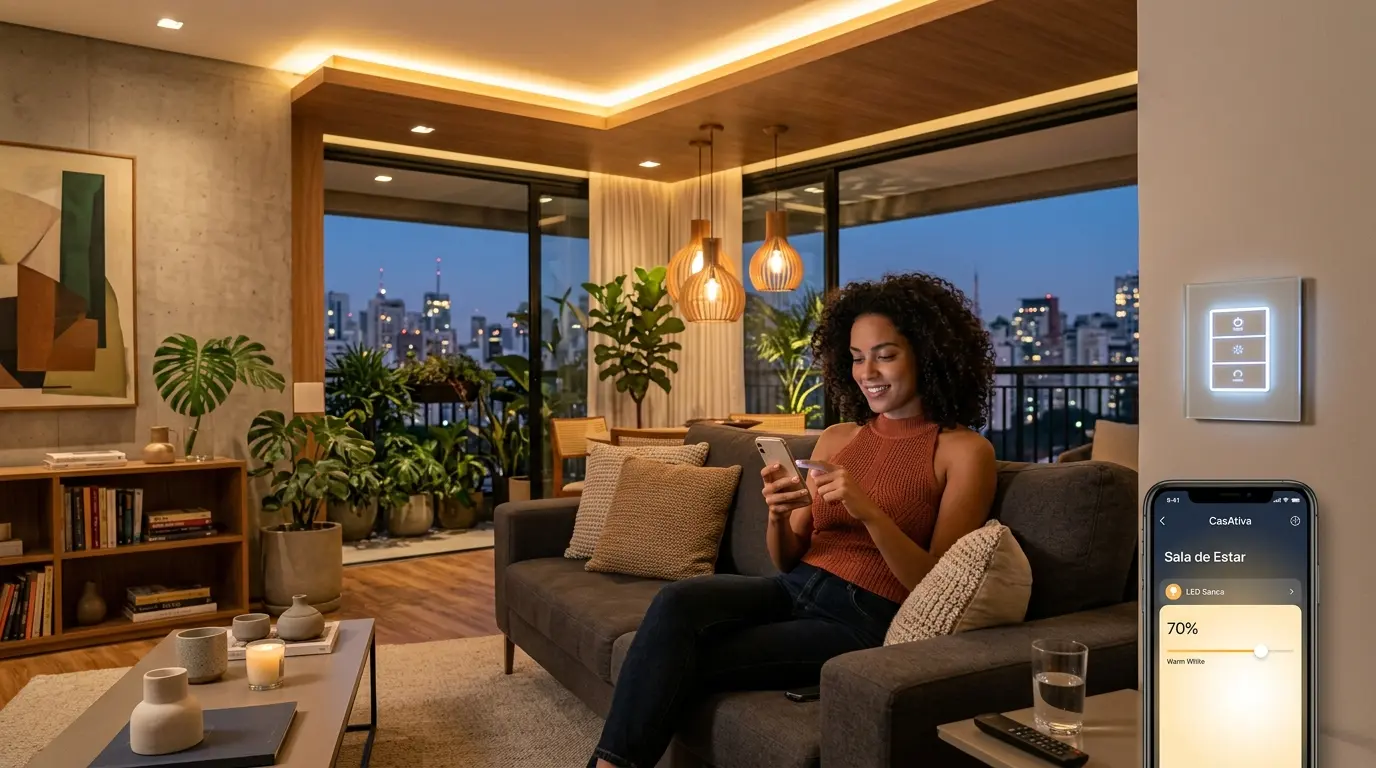 Sala de estar em Florianópolis com iluminação controlada por automação residencial via smartphone