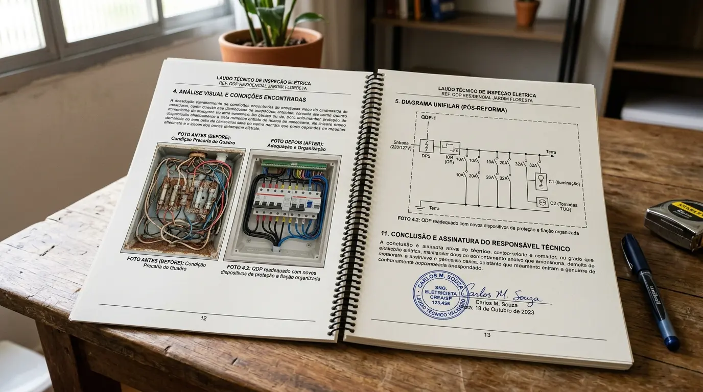 Eletricista inspecionando quadro elétrico com checklist de vistoria técnica para emissão de certificado em Florianópolis