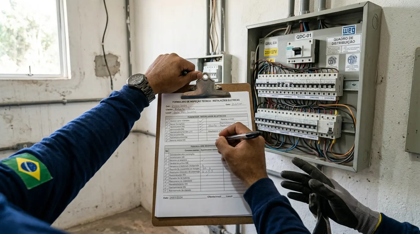 Eletricista técnico preenchendo relatório técnico de vistoria elétrica em prancheta em imóvel de Florianópolis