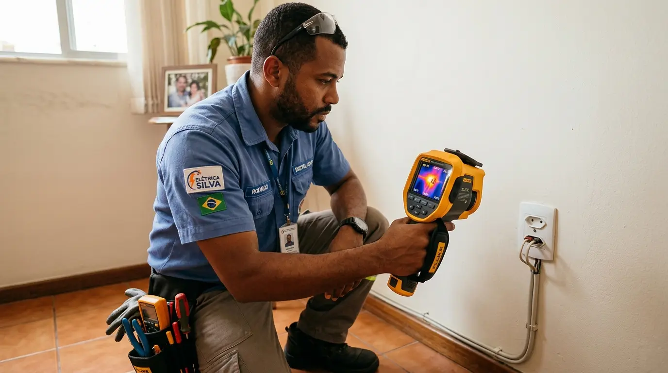 Eletricista diagnosticando ponto de superaquecimento em tomada com multímetro após cheiro de queimado em apartamento em Florianópolis