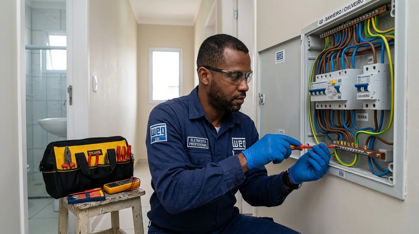 Eletricista instalando disjuntor diferencial DR e aterramento no circuito de chuveiro elétrico em banheiro de Florianópolis