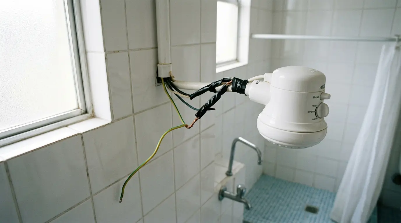 Chuveiro elétrico instalado em banheiro residencial em Florianópolis com fiação exposta e ausência de aterramento