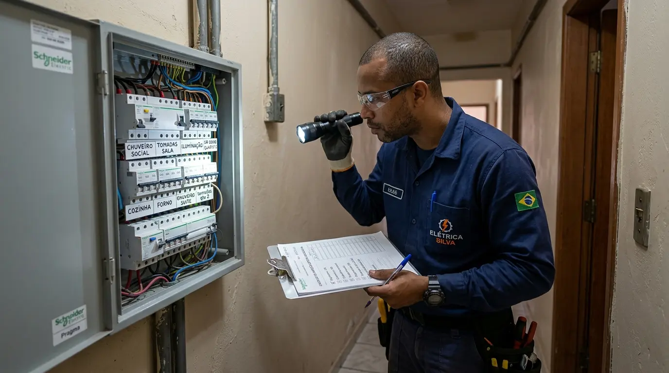 Eletricista inspecionando quadro elétrico residencial com lanterna e multímetro para diagnóstico de curto-circuito em Florianópolis