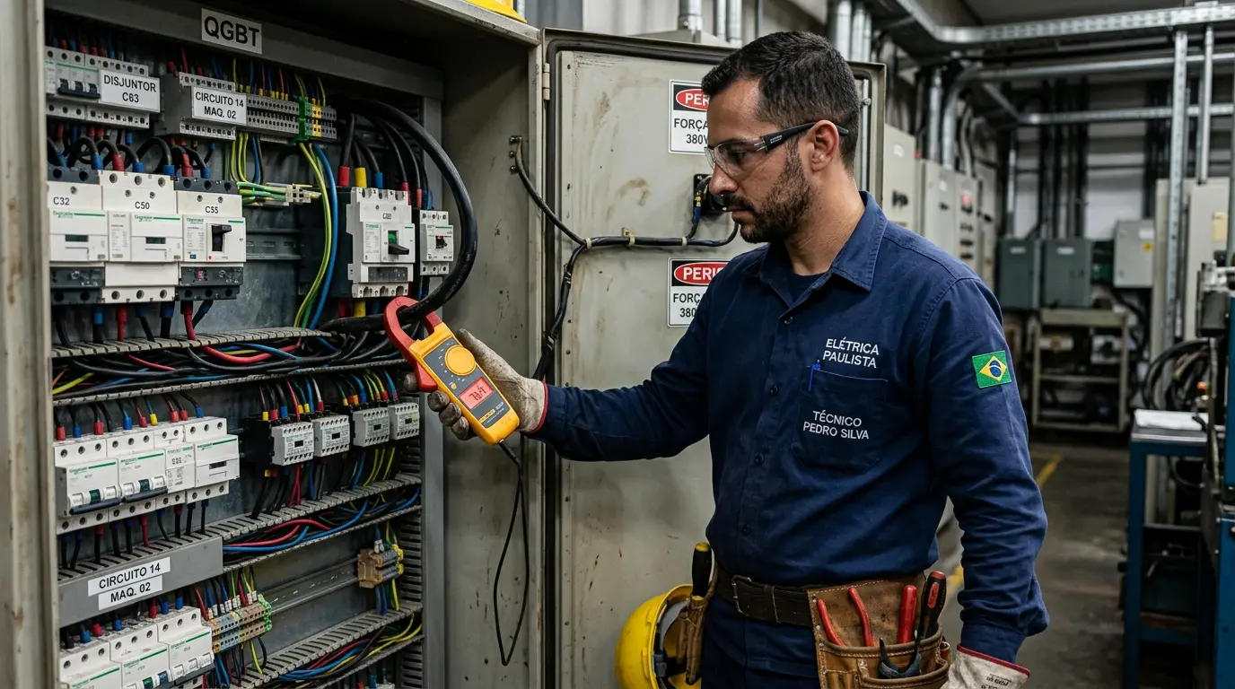 Eletricista verificando amperagem no quadro elétrico com alicate amperímetro para diagnosticar sobrecarga em Florianópolis