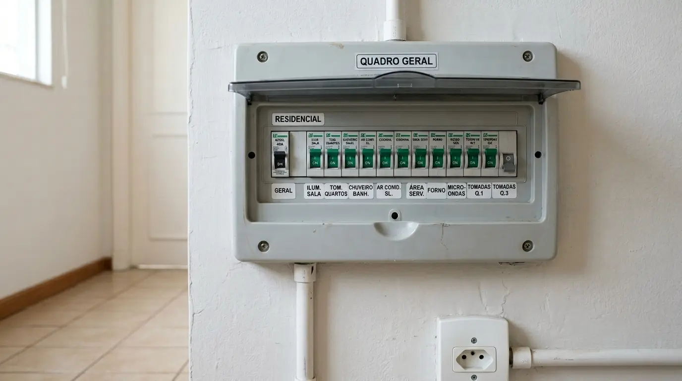 Quadro elétrico residencial com disjuntor desarmado em posição OFF em Florianópolis