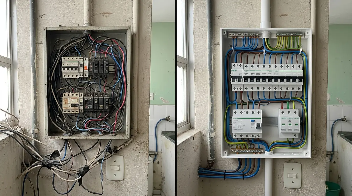 Quadro elétrico residencial organizado em Florianópolis com disjuntores identificados e instalação eficiente conforme NBR 5410