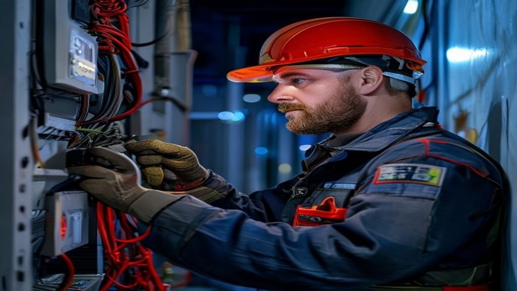 Eletricista profissional realizando atendimento emergencial em painel elétrico à noite com equipamentos de segurança