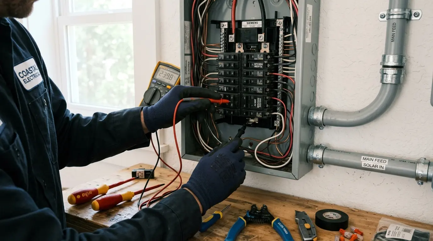 Técnico elétrico inspecionando fiação em residência próxima ao mar na Barra da Lagoa