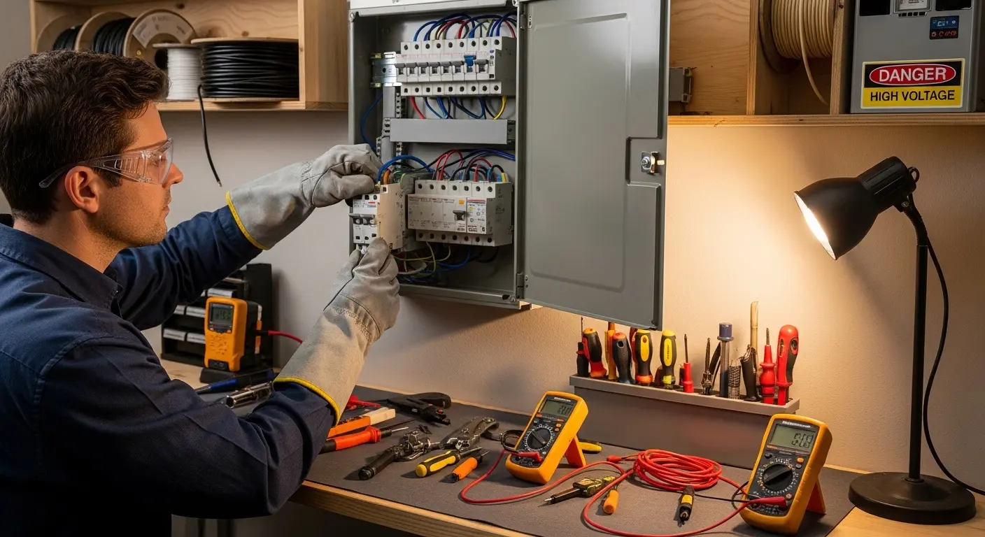 Eletricista técnico instalando disjuntor em painel residencial no Campeche, Florianópolis