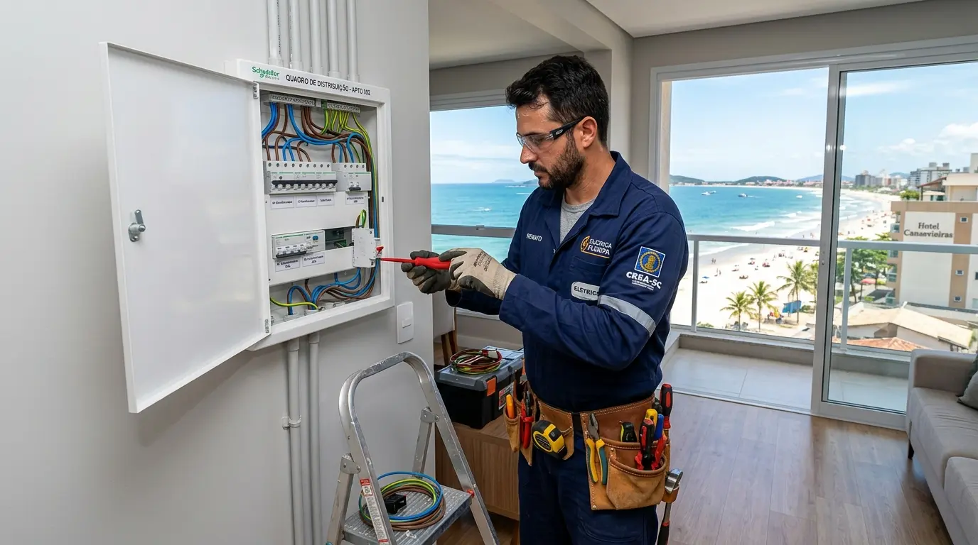 Eletricista instalando circuito elétrico em imóvel de temporada em Canasvieiras, Florianópolis