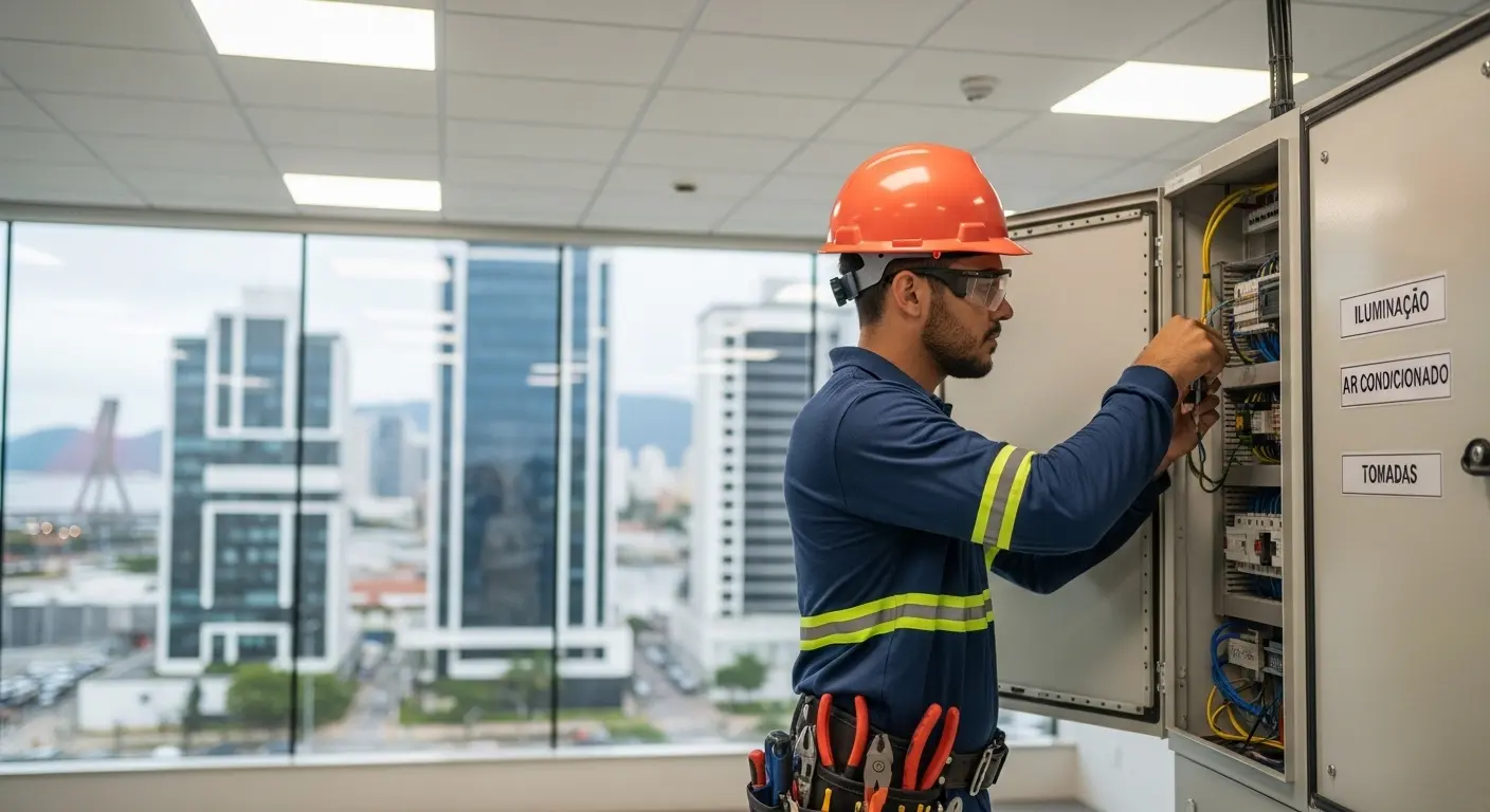 Eletricista profissional com EPI trabalhando em painel elétrico de edifício comercial no Centro de Florianópolis