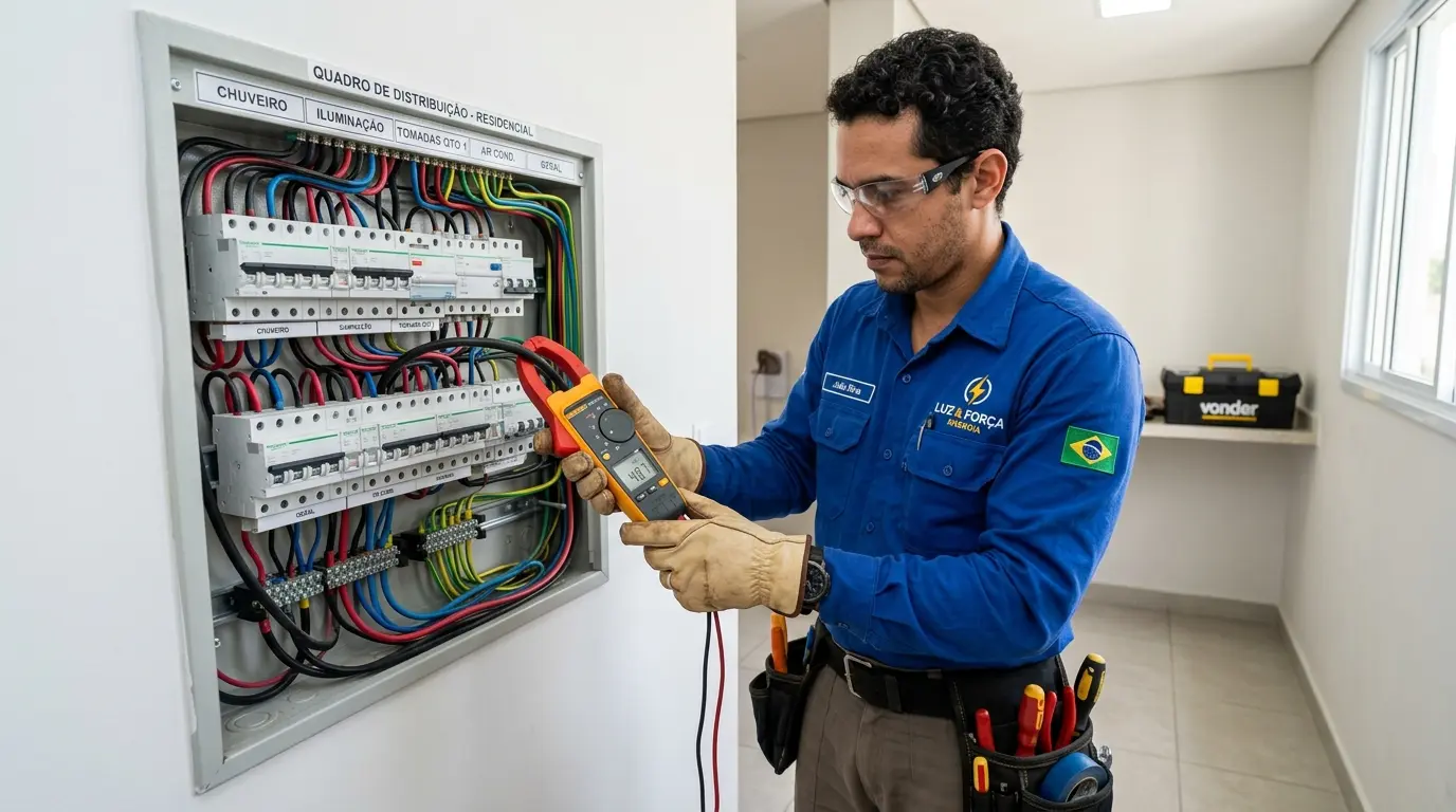 Eletricista verificando circuitos elétricos em residência no Córrego Grande com equipamento de medição