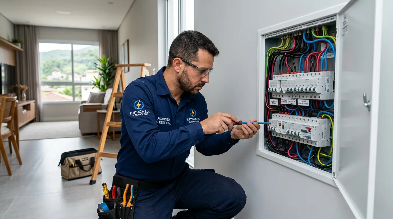 Eletricista realizando instalação elétrica em residência no Córrego Grande, Florianópolis