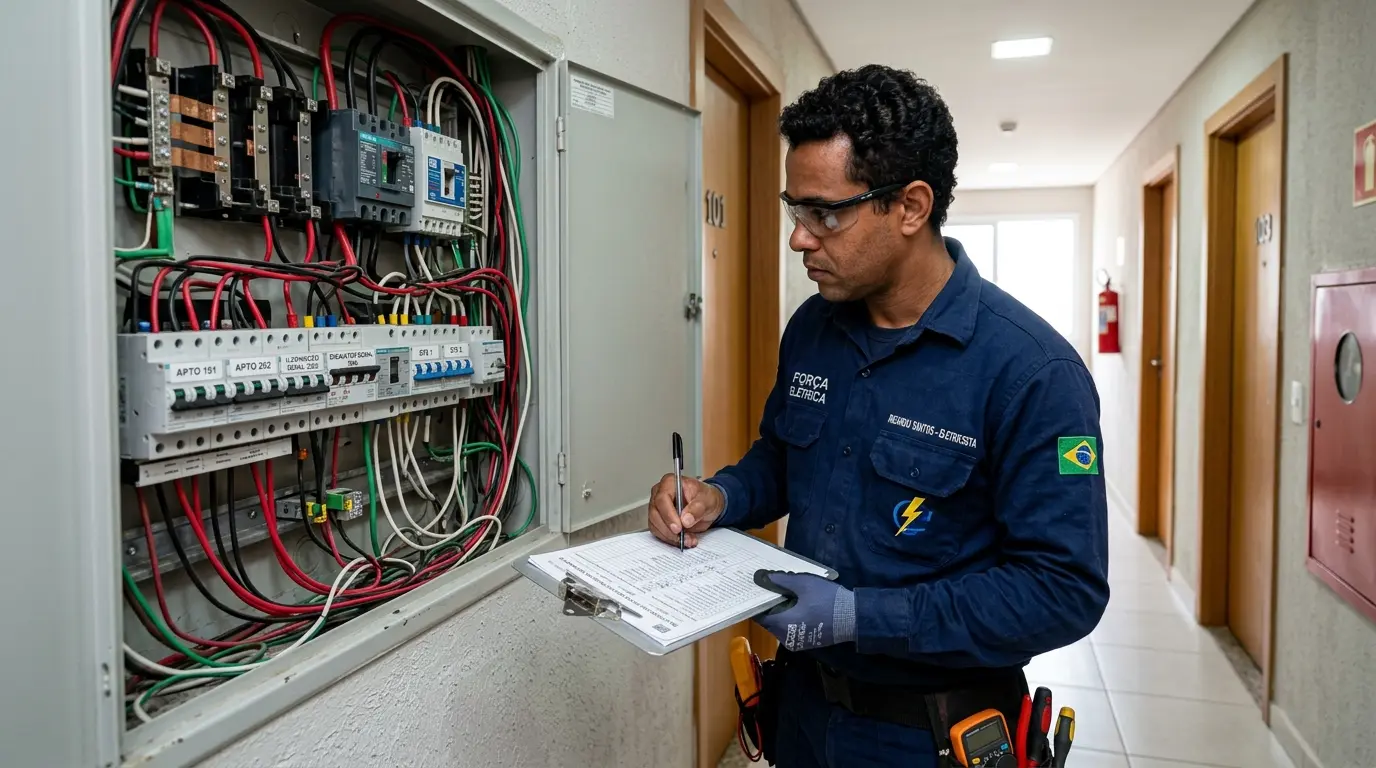 Eletricista verificando instalação elétrica em apartamento na Costeira do Pirajubaé