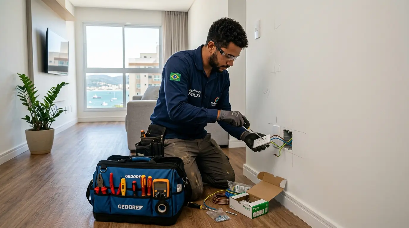 Eletricista realizando instalação elétrica em residência na Costeira do Pirajubaé, Florianópolis