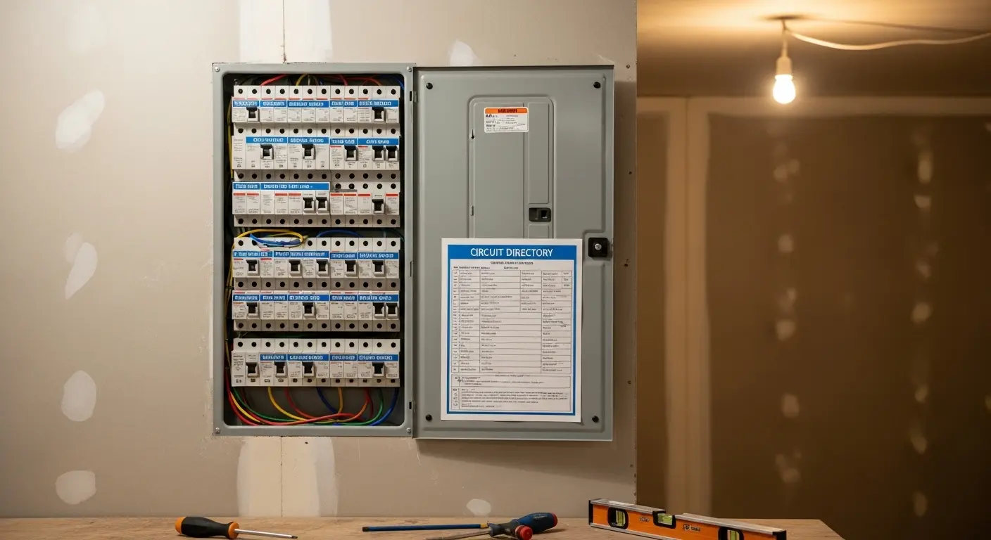 Quadro elétrico residencial com disjuntores organizados e identificados corretamente