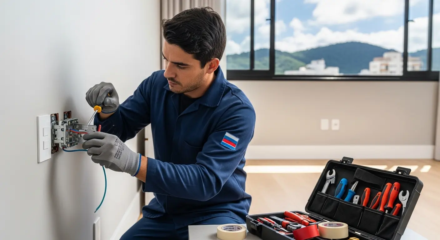 Eletricista profissional instalando tomada elétrica em apartamento residencial moderno em Florianópolis
