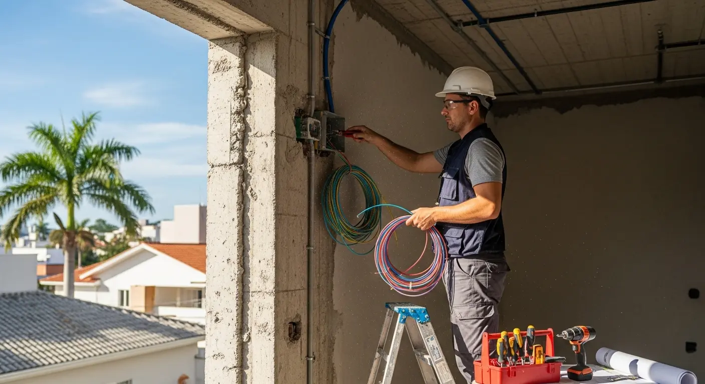 Eletricista instalando fiação elétrica em apartamento moderno nos Ingleses, Florianópolis