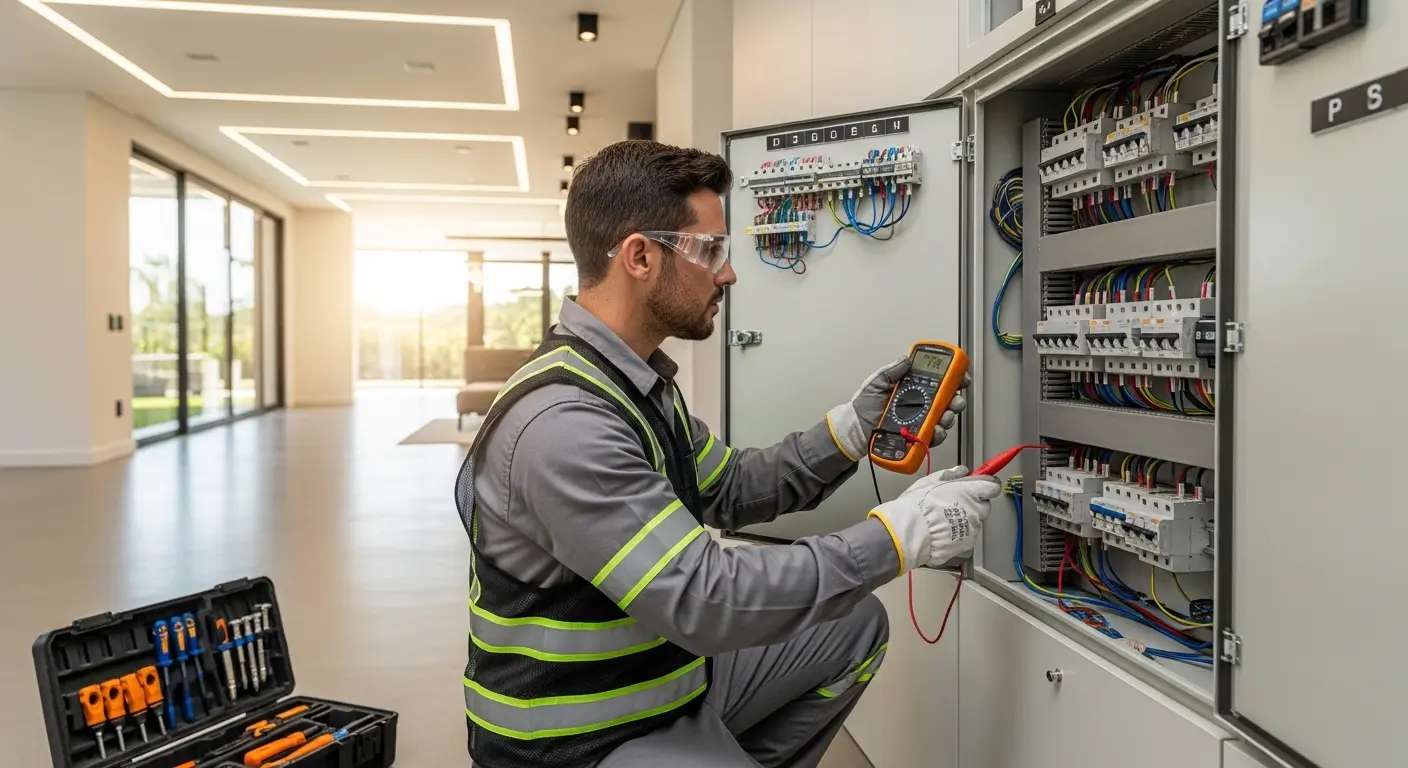 Eletricista profissional em uniforme de segurança trabalhando em painel elétrico residencial em Jurerê Internacional