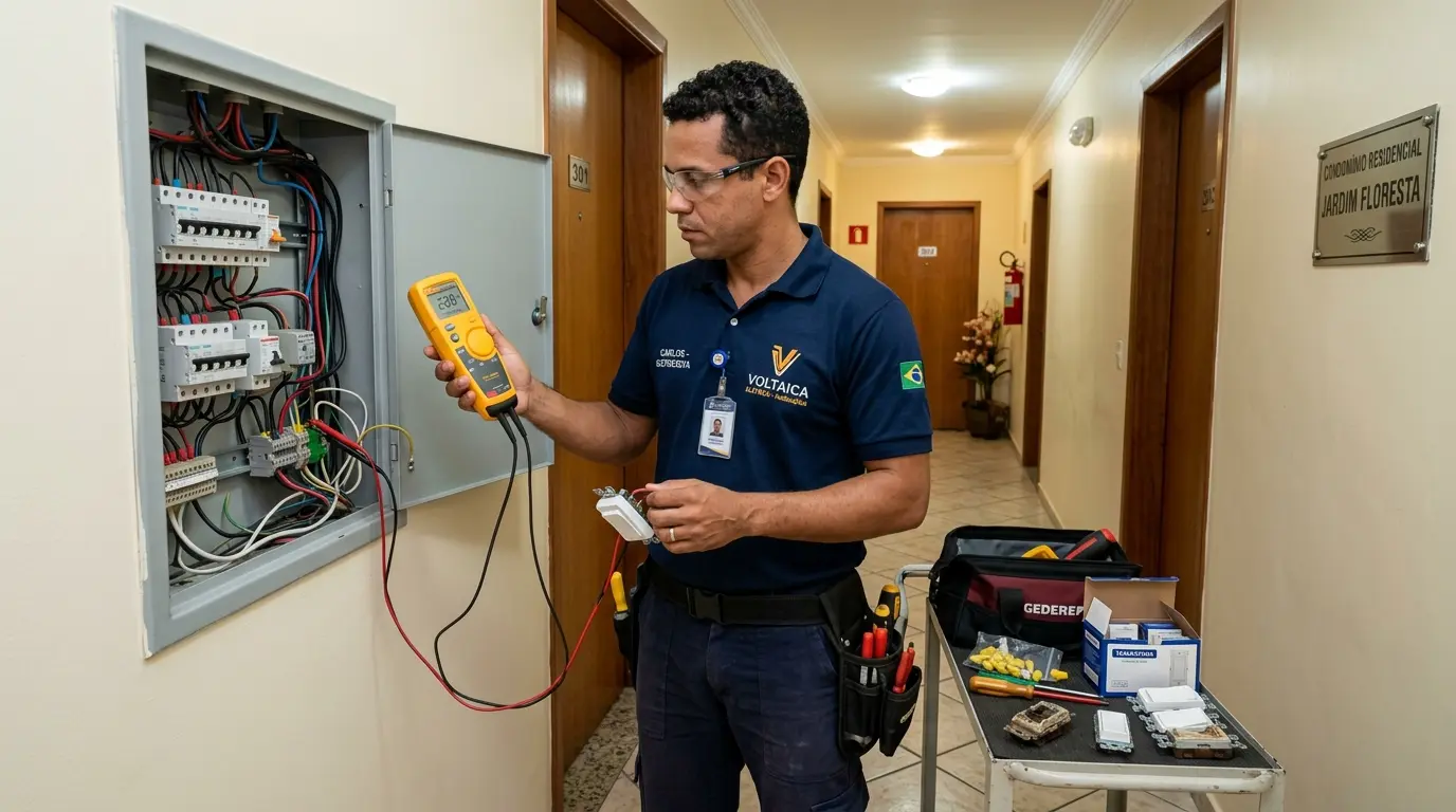Eletricista verificando quadro de distribuição em apartamento no Pantanal com multímetro