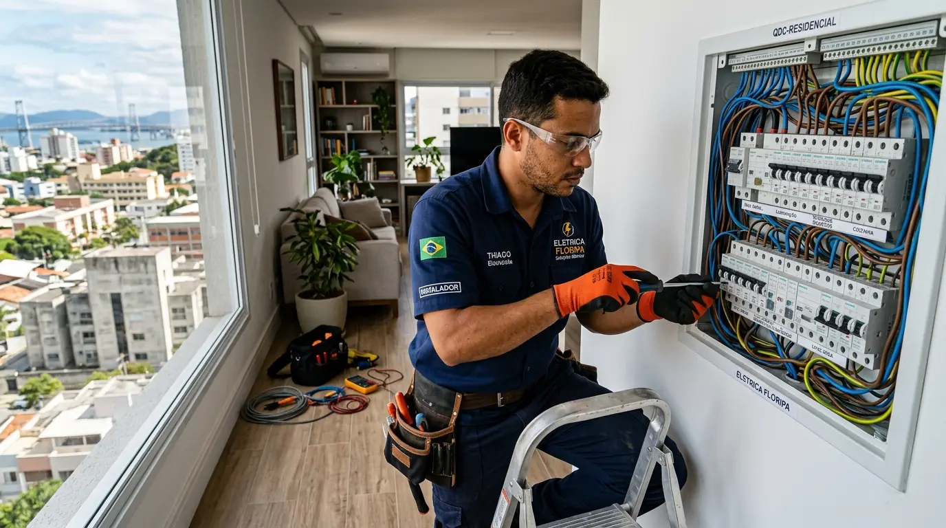 Eletricista realizando instalação elétrica em apartamento no bairro Pantanal, Florianópolis