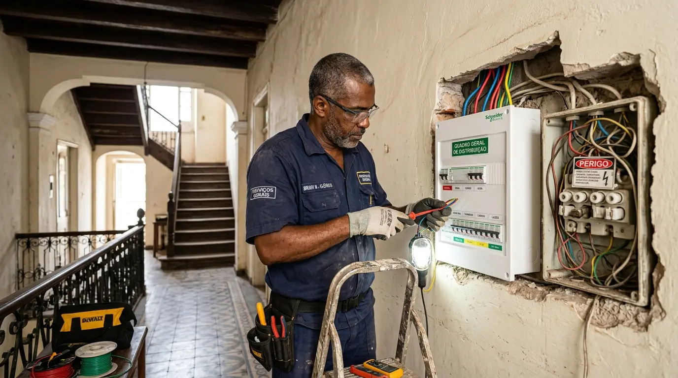 Eletricista modernizando quadro elétrico em imóvel histórico no Ribeirão da Ilha