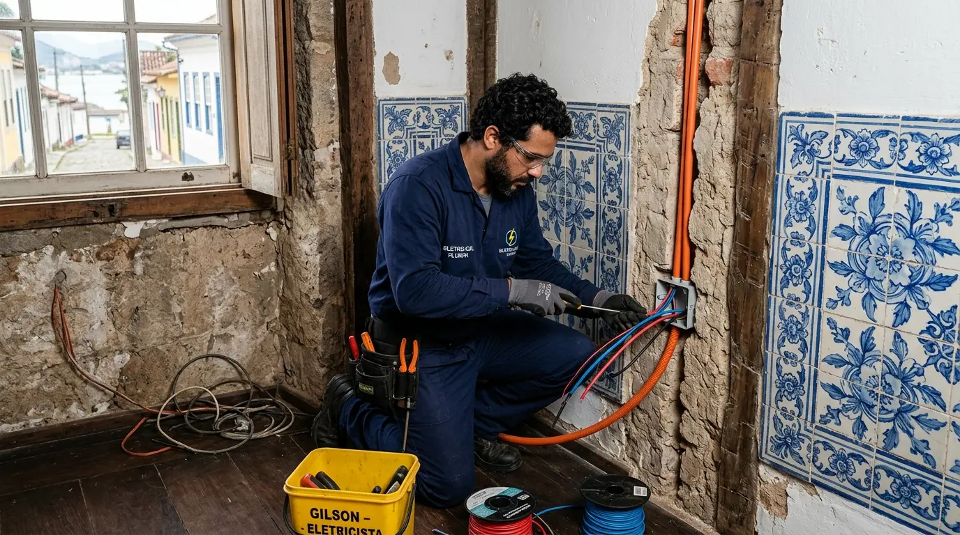 Eletricista realizando diagnóstico elétrico em casa histórica no Ribeirão da Ilha, Florianópolis