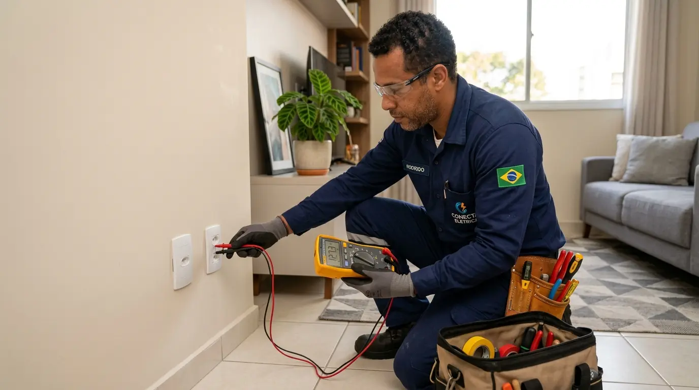 Eletricista testando tomadas com multímetro em residência no Rio Vermelho