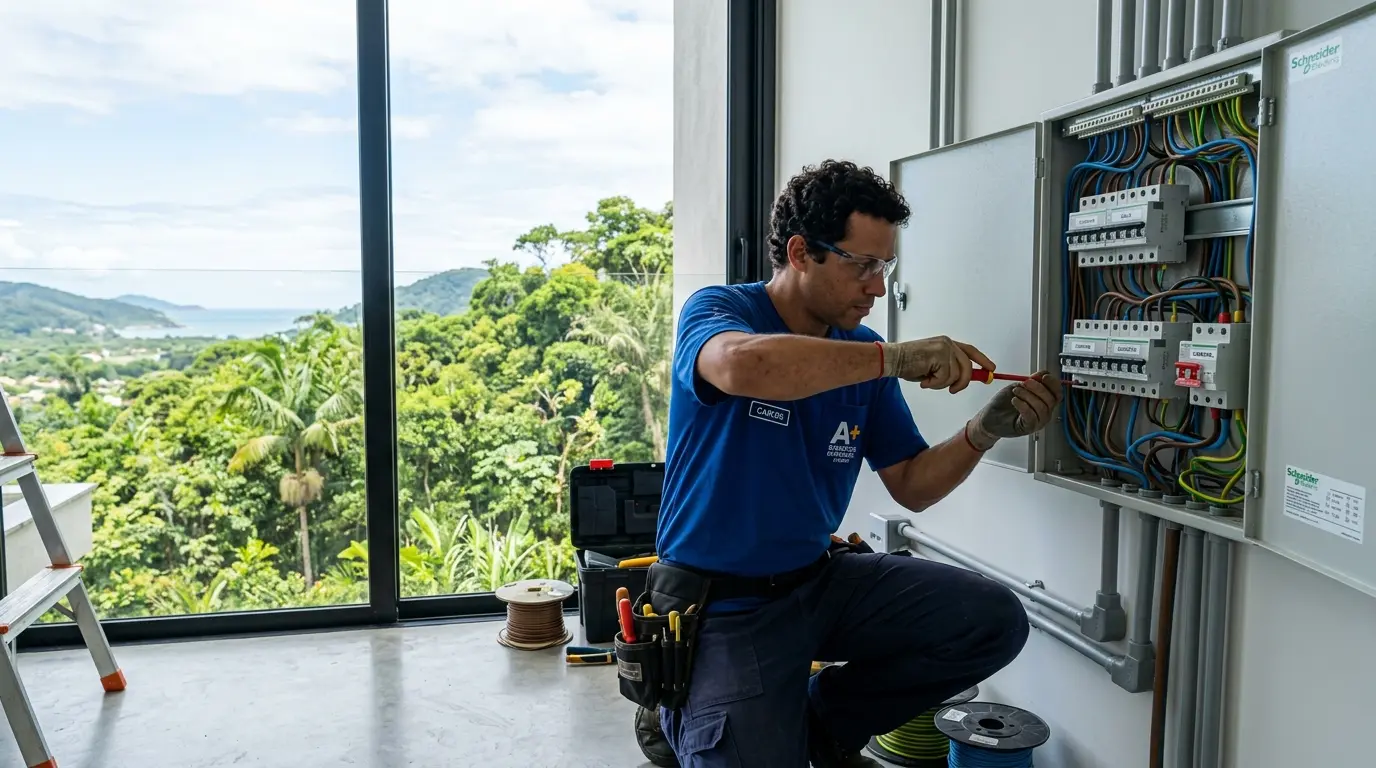 Eletricista realizando instalação elétrica em residência no Rio Vermelho, Florianópolis