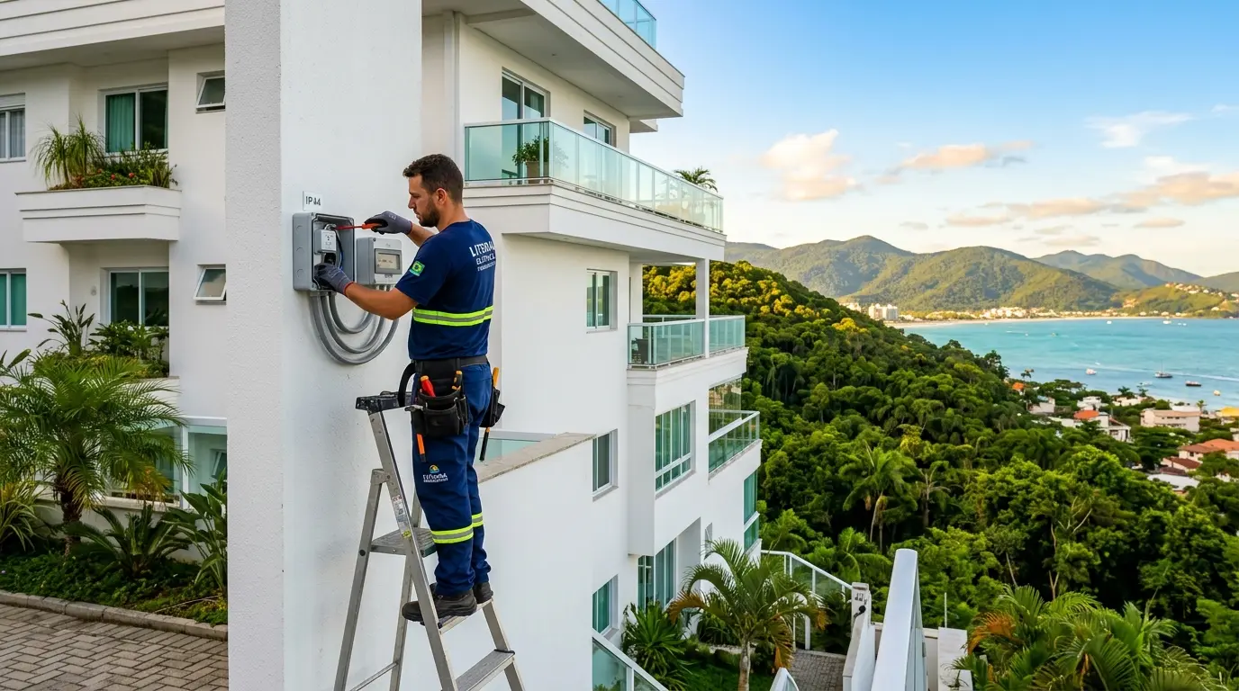 Eletricista instalando tomadas externas em condomínio no Santinho, norte de Florianópolis