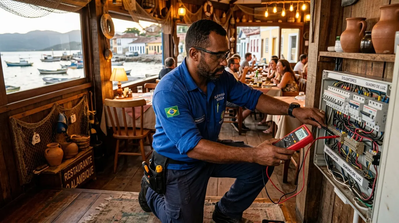 Eletricista verificando quadro elétrico em estabelecimento comercial em Santo Antônio de Lisboa