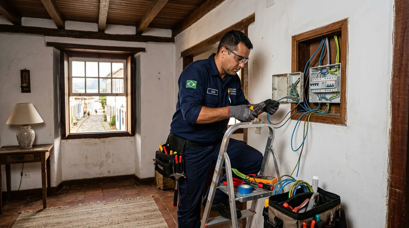 Eletricista realizando instalação elétrica em imóvel histórico em Santo Antônio de Lisboa, Florianópolis