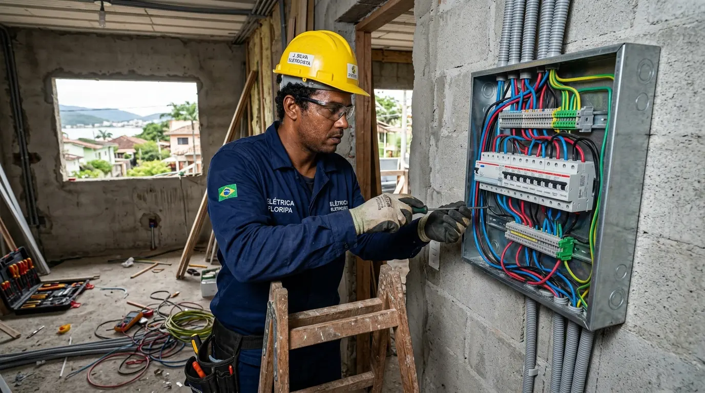 Eletricista realizando instalação elétrica em residência na Tapera, Florianópolis