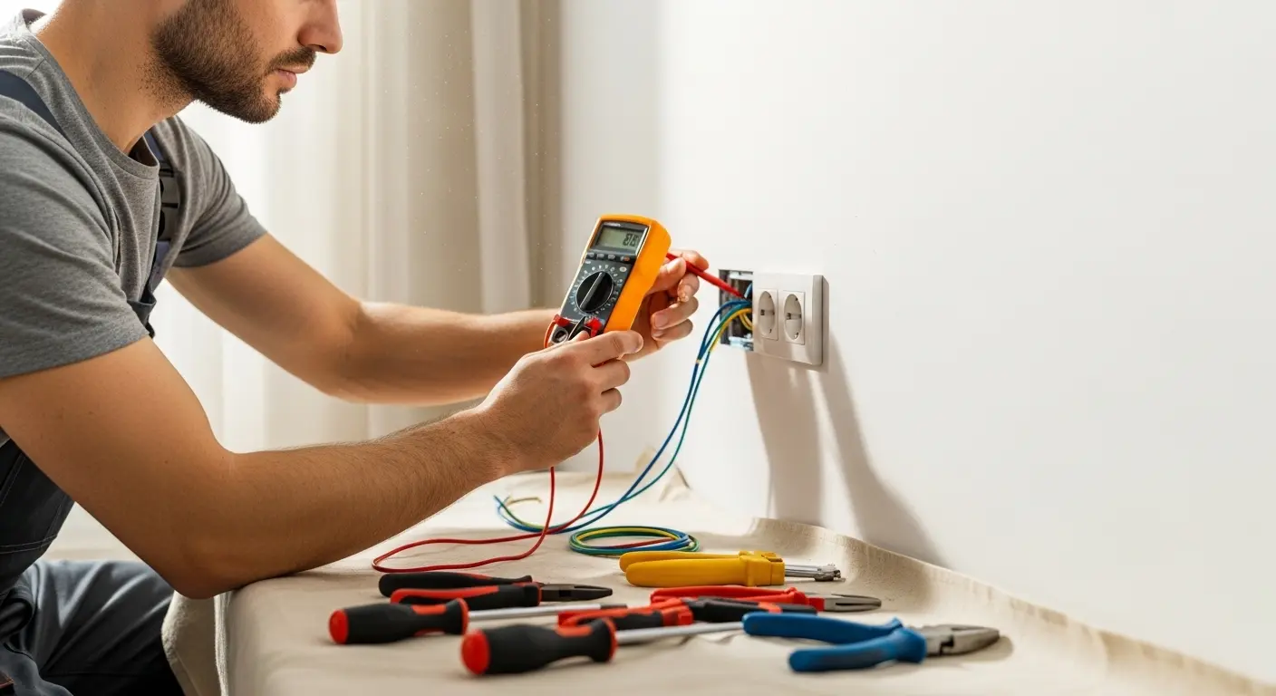 Técnico eletricista instalando tomada moderna em apartamento residencial na Trindade, Florianópolis