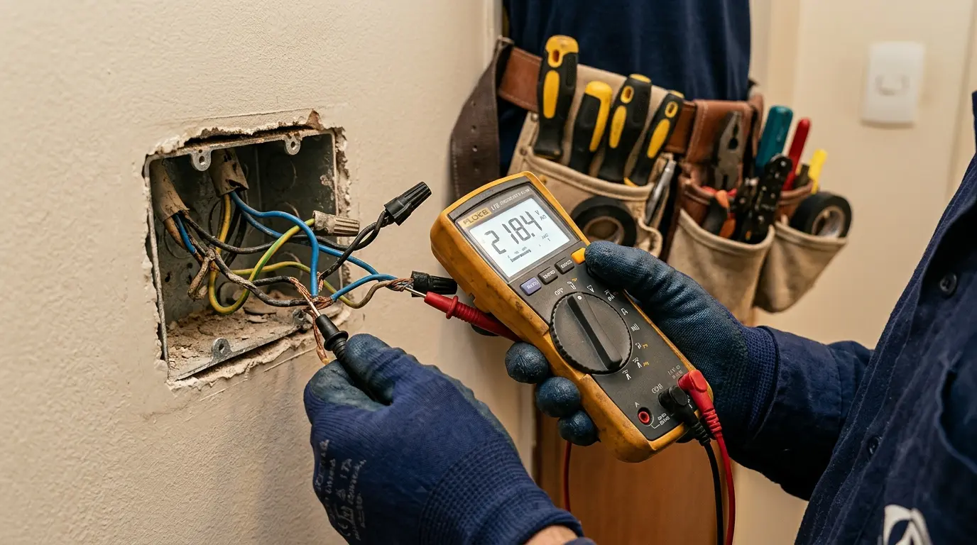 Eletricista utilizando multímetro para diagnóstico em circuito residencial danificado com equipamentos de proteção individual