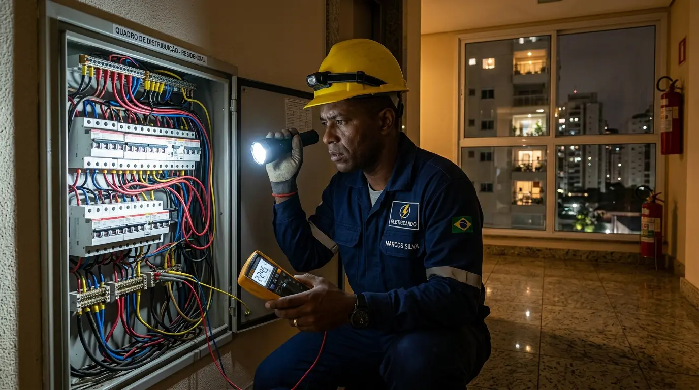 Eletricista com equipamentos de segurança realizando diagnóstico urgente em painel elétrico residencial em Florianópolis